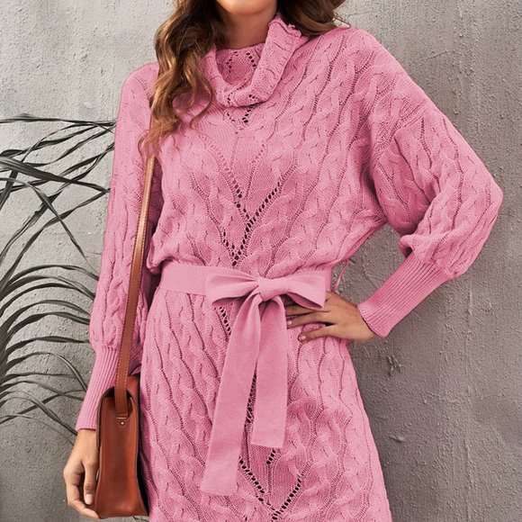 CABLE-KNIT BELTED TURTLENECK SWEATER DRESS - Picture 6 of 6